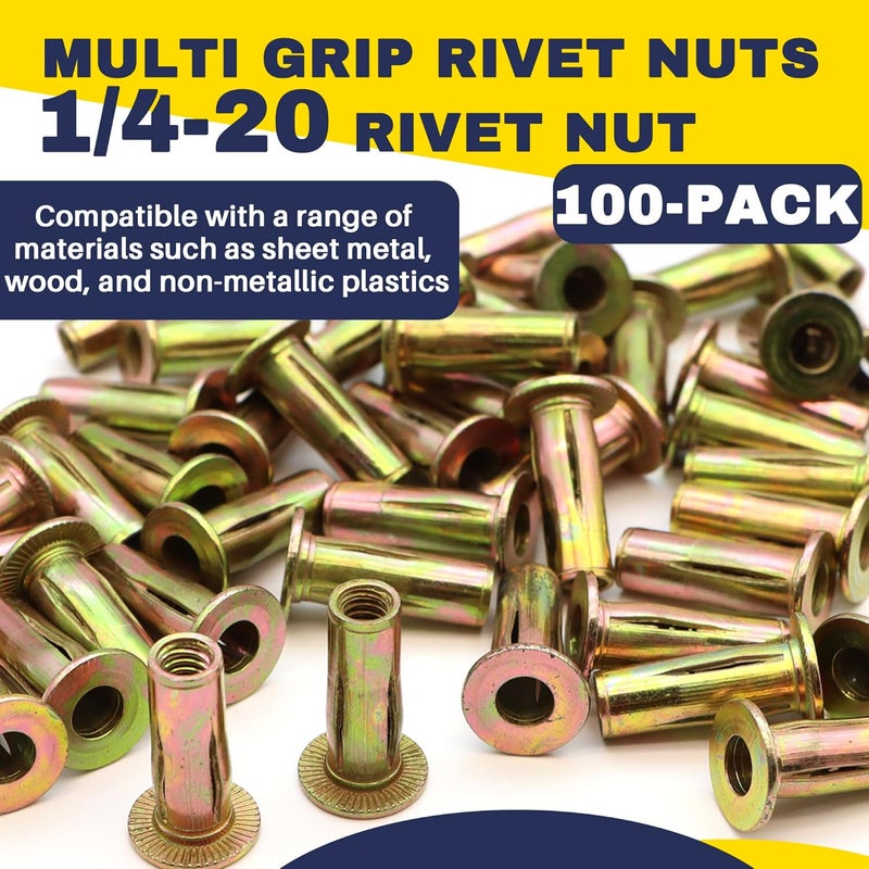 Terixe 100 Pack 1/4-20 Multi-Grip Rivet Nuts - Zinc-Plated Steel Construction Fasteners - Pre-Bulbed Shank - Flat Head Threaded Insert Plus Nut - Ideal for Household Items, Automobiles - Image 2
